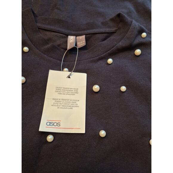 NWT Asos 100% Cotton Black Tunic Top Faux Pearl Design Sleeveless Sz M - Picture 4 of 5